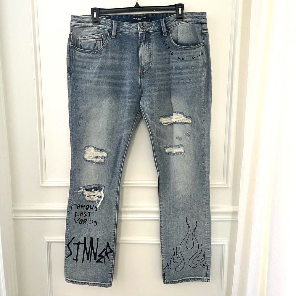 Cult of Individuality Rocker Slim Distressed Jeans Rips Studs Ink, 40x33 NWT
